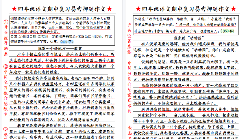 【4页高清完整版】四年级语文期中复习易考押题作文-教学网