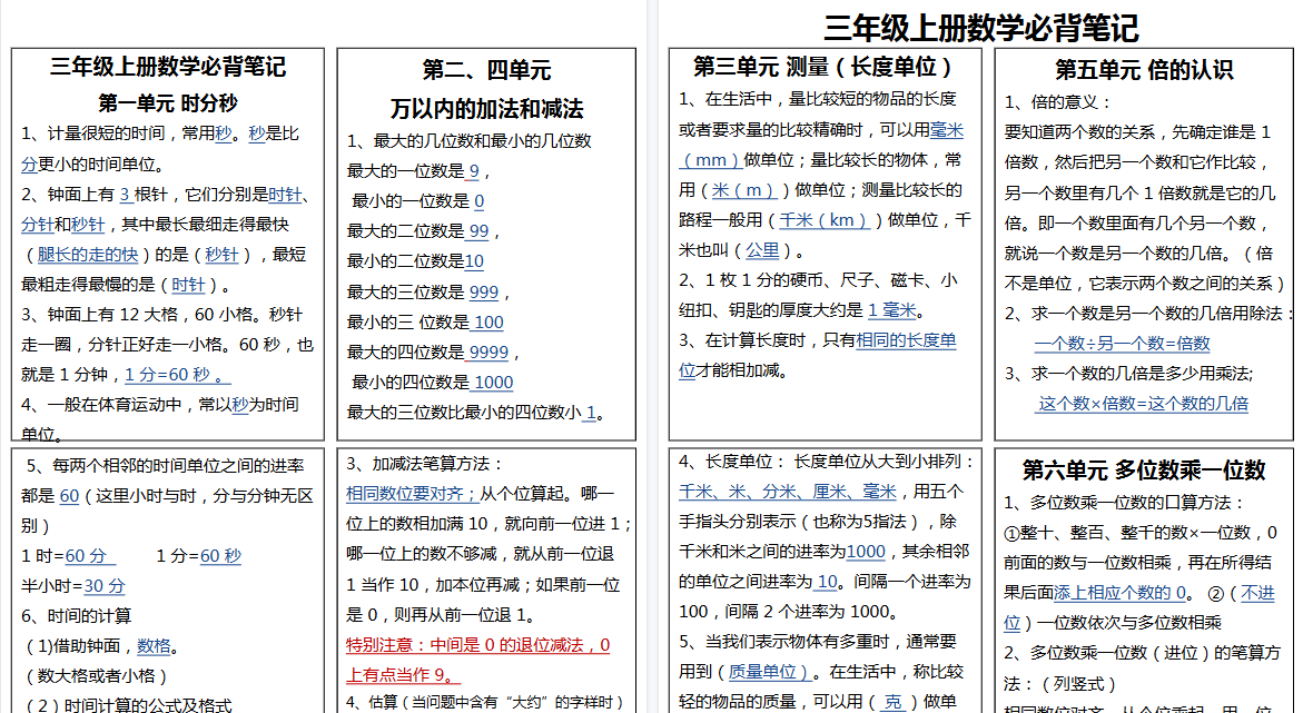 【4页高清完整版】三年级数学上册必背手册-免费学习资料下载 - 开学吧