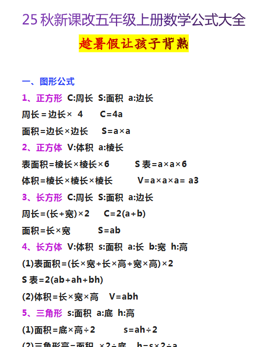 【2025秋新版】五年级上册数学公式大全-教学网