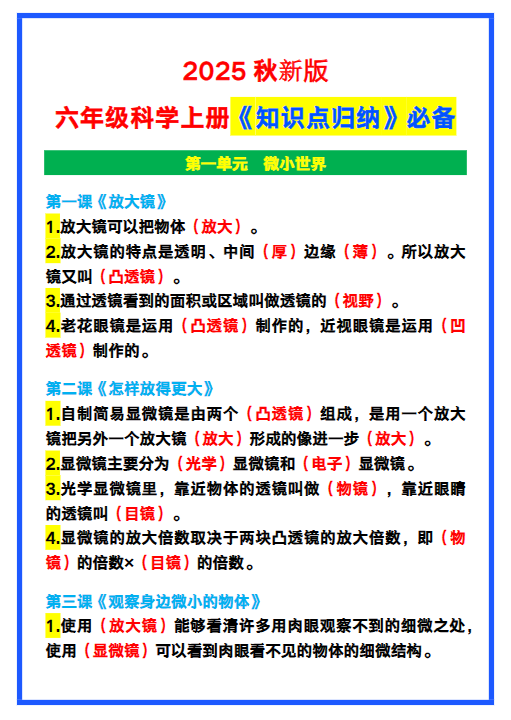 【2025秋新版】六年级科学上册《知识点归纳》，学习必备！-教学网