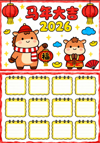 马年日历1手抄报-高清可直接打印无水印版本-免费学习资料下载 - 开学吧