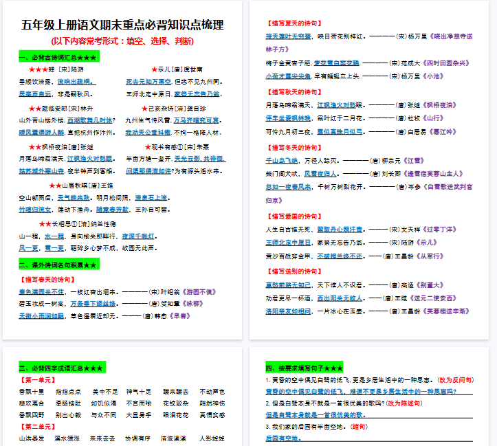 【6页完整版】五年级上册语文重点必背知识点梳理-教学网