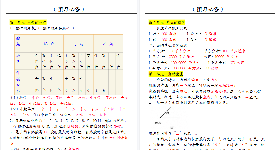 【9页高清完整版】【四上】数学必背汇总-免费学习资料下载 - 开学吧