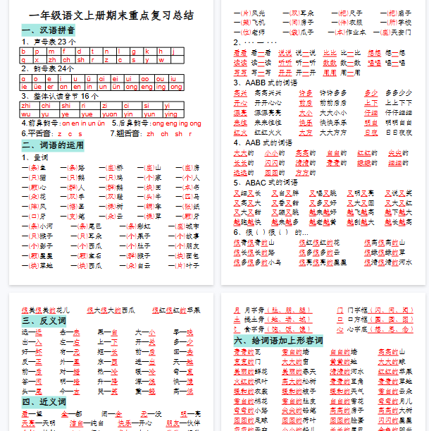 【8页完整版】一年级语文上册期末重点复习总结-教学网