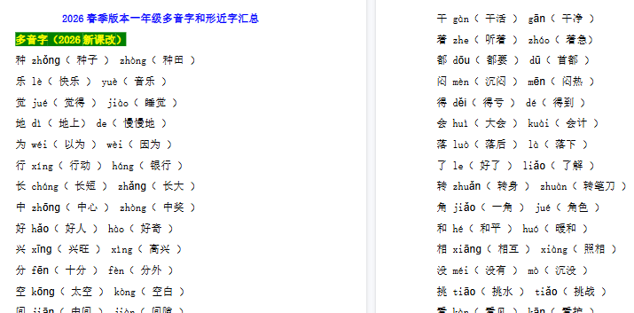 2026春新版一年级语文考试常考多音字和形近字汇总-教学网