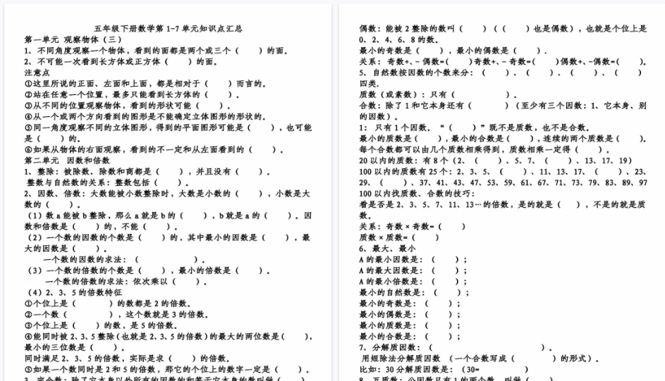 【17页高清完整版】五（下）数学单元知识点及概念填空卷-免费学习资料下载 - 开学吧