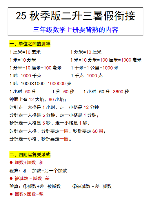 【2025秋新版】三年级数学上册要背熟的内容-教学网