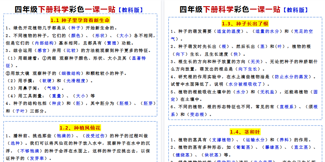 【11页高清完整版】四年级下册科学课贴【教科版】-免费学习资料下载 - 开学吧