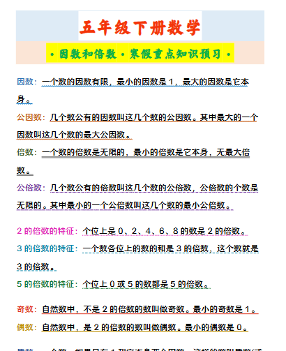 【2026寒假2页】五年级下册数学 ·因数和倍数·寒假重点知识预习-免费学习资料下载 - 开学吧