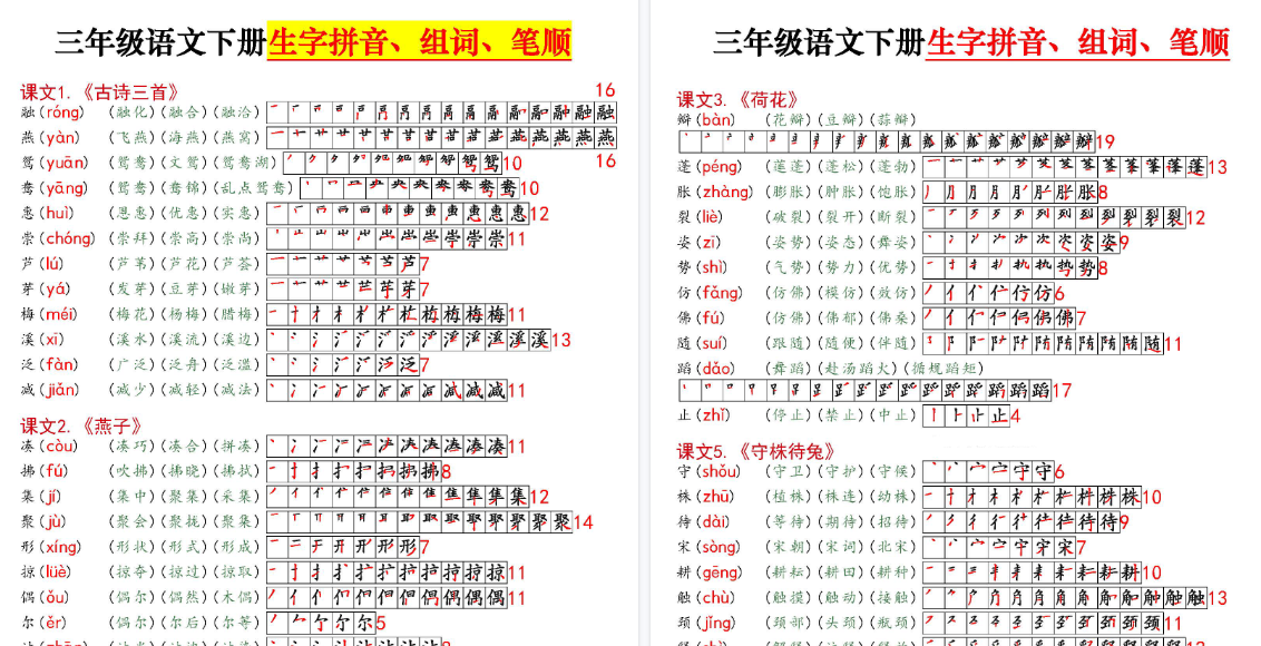 【11页高清完整版】三（下）语文 课课贴高清版（生字拼音组词笔顺）-免费学习资料下载 - 开学吧