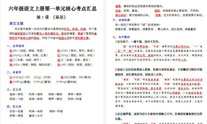 【99页高清完整版】六年级（上）语文1-28课核心考点汇总-教学网