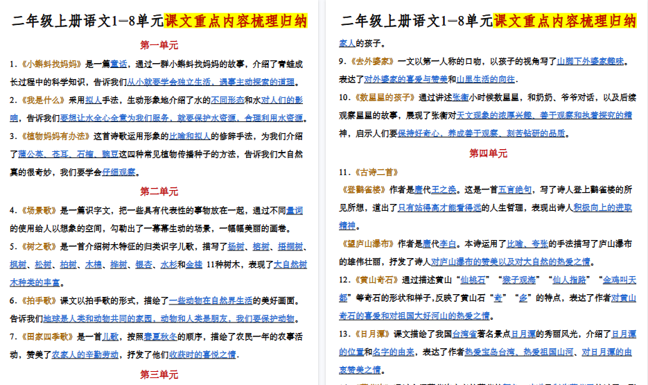 【5页高清完整版】二年级上册语文课文内容梳理-免费学习资料下载 - 开学吧