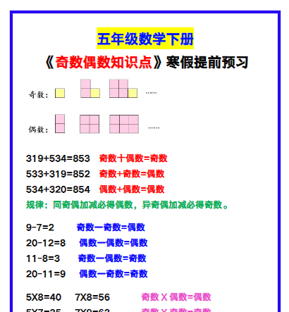 【2026寒假】五年级数学下册《奇数偶数知识点》,寒假提前预习!-免费学习资料下载 - 开学吧