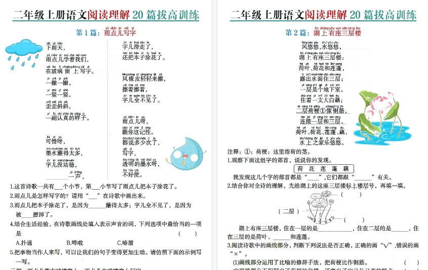 【40页高清完整版】二上语文阅读理解20篇拔高训练（含答案）-教学网