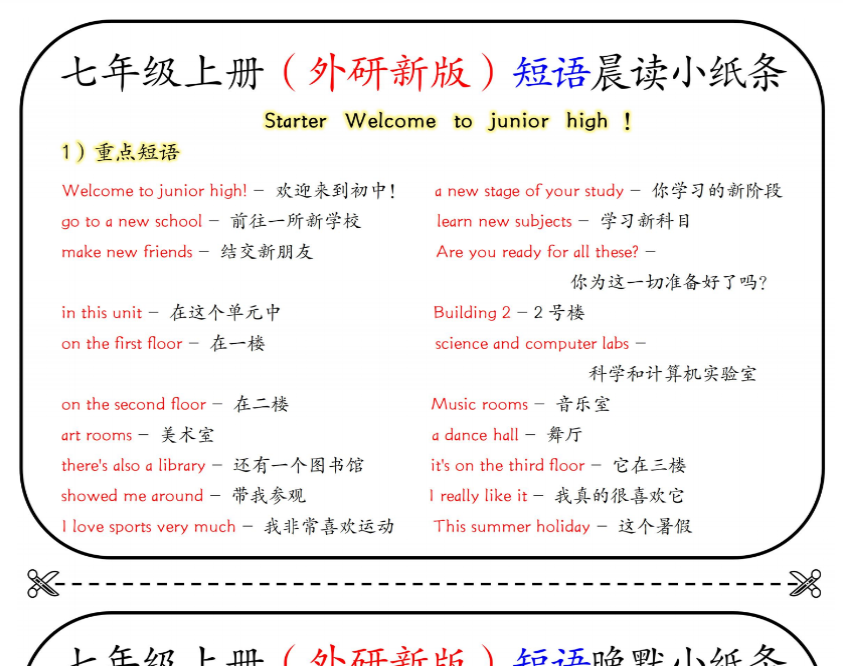 16页!七年级上册(外研新版)短语晚默小纸条-教学网