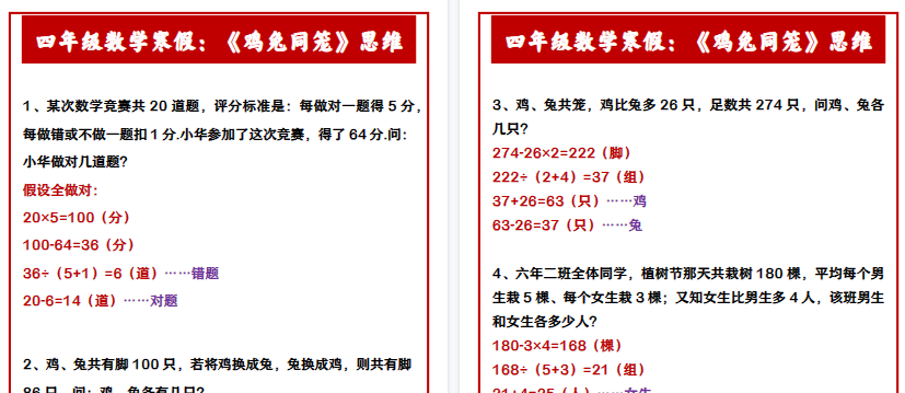 【2026寒假2页】四年级数学寒假：《鸡兔同笼》思维-免费学习资料下载 - 开学吧
